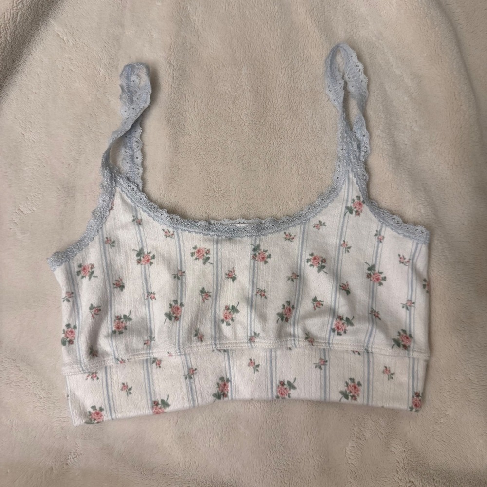 PJ Salvage Floral Stripe Lace Trim Bralette Crop Top White Blue Small